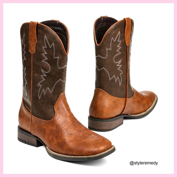 Men's Western Cowboy Boots Square Toe Pull On Leather Durable
